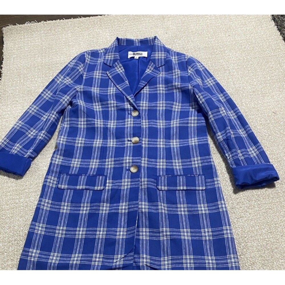 BB Dakota Steve Madden Women's Blue White Plaid Long Blazer Jacket Collared S